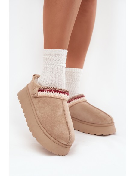 Women's Low Snow Boots With Movable Strap And Embroidery On Platform Light Beige Lyrisse