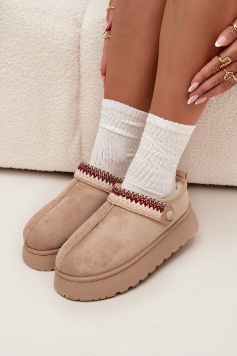 Women's Low Snow Boots With Movable Strap And Embroidery On Platform Light Beige Lyrisse