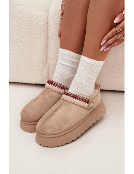 Women's Low Snow Boots With Movable Strap And Embroidery On Platform Light Beige Lyrisse