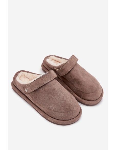 Women's slippers with strap Insulated with fur Dark beige Rilena