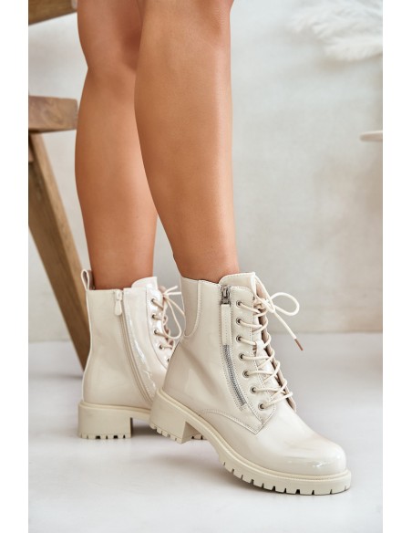 Lacquered Worker Ankle Boots With Zipper Insulated Beige Ravanthia
