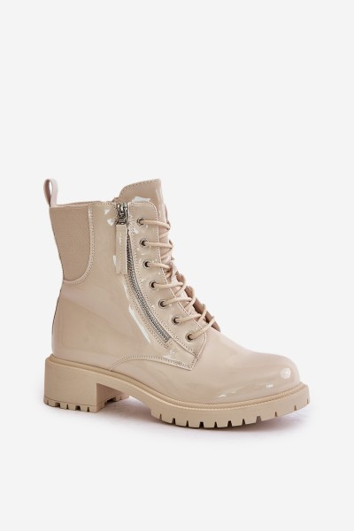 Lacquered Worker Ankle Boots With Zipper Insulated Beige Ravanthia 2
