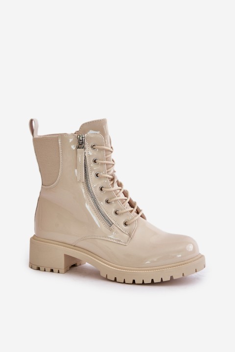 Lacquered Worker Ankle Boots With Zipper Insulated Beige Ravanthia