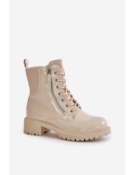 Lacquered Worker Ankle Boots With Zipper Insulated Beige Ravanthia