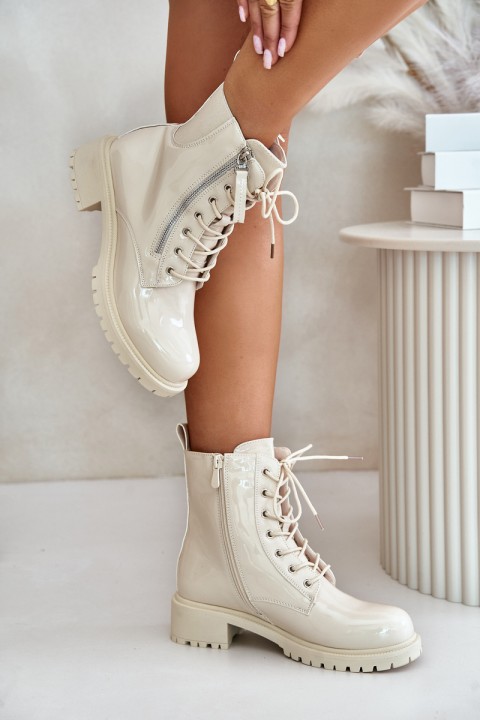 Lacquered Worker Ankle Boots With Zipper Insulated Beige Ravanthia