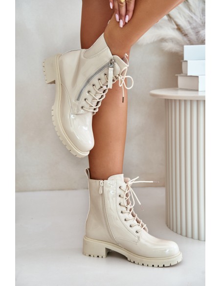 Lacquered Worker Ankle Boots With Zipper Insulated Beige Ravanthia