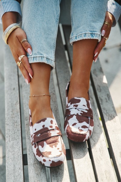 Loafers Moccasins Women's Flat In Patches Brown and White Soreline