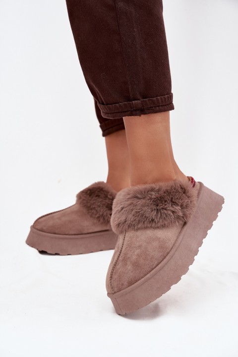 Women's snow boots on platform with fur and embroidery dark beige Querina