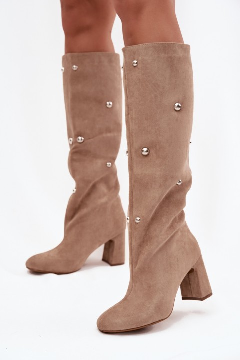 Women's Fur-lined Boots on Block Heel with Decorative Details Beige Lucinda