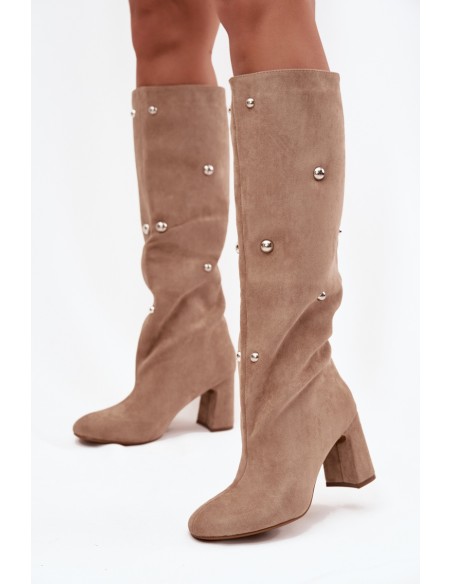 Women's Fur-lined Boots on Block Heel with Decorative Details Beige Lucinda