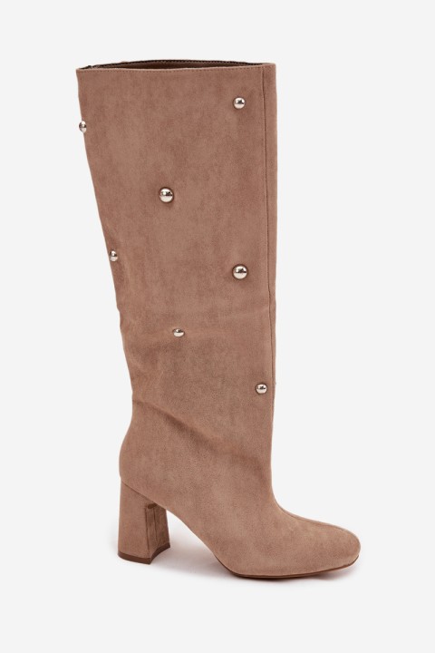 Women's Fur-lined Boots on Block Heel with Decorative Details Beige Lucinda