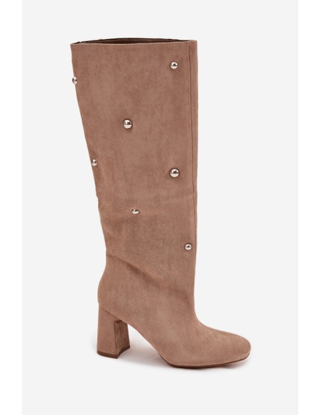 Women's Fur-lined Boots on Block Heel with Decorative Details Beige Lucinda