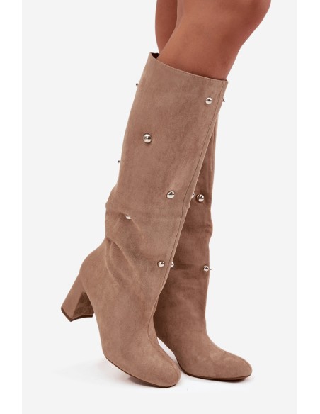 Women's Fur-lined Boots on Block Heel with Decorative Details Beige Lucinda