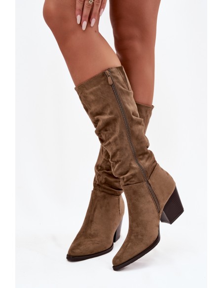 Women's boots with ruched upper on heel lined green Paelina