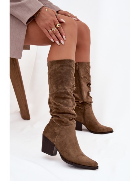 Women's boots with ruched upper on heel lined green Paelina