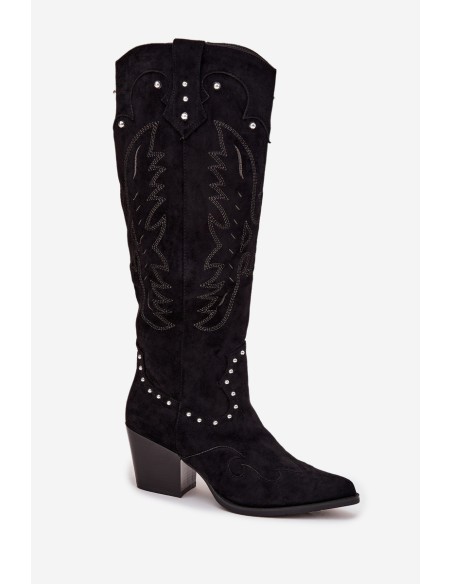 Women's Leather Cowboy Boots With Embellishment On Heel Black Darella