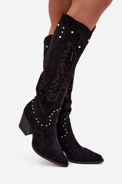 Women's Leather Cowboy Boots With Embellishment On Heel Black Darella 2