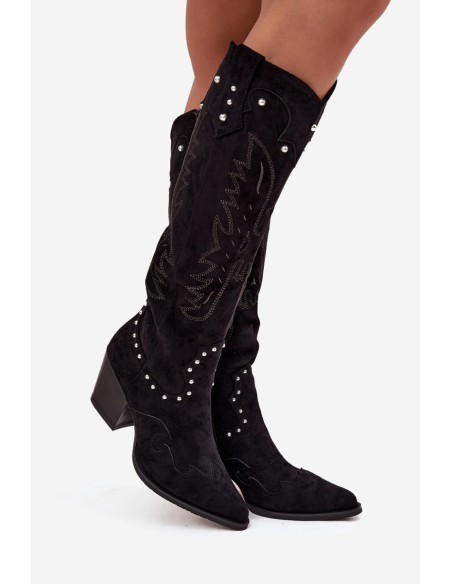 Women's Leather Cowboy Boots With Embellishment On Heel Black Darella