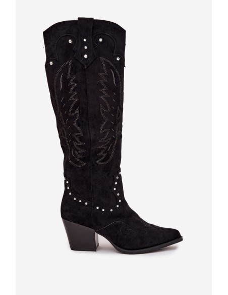 Women's Leather Cowboy Boots With Embellishment On Heel Black Darella