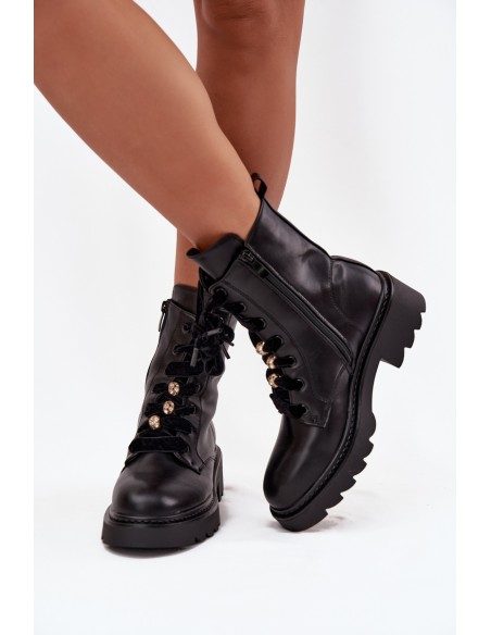 Insulated Women's Boots with Decorative Lacing Black Elindra