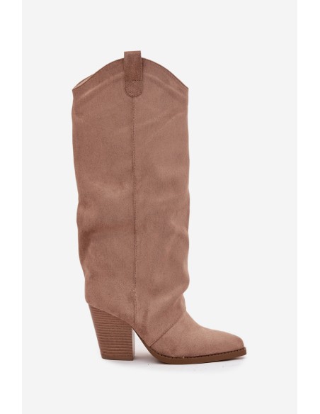 Oceplane Cowboy Heeled Boots Eco Suede Beige Mavine Kozaki Damskie