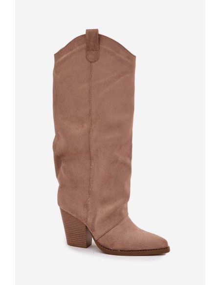 Oceplane Cowboy Heeled Boots Eco Suede Beige Mavine Kozaki Damskie