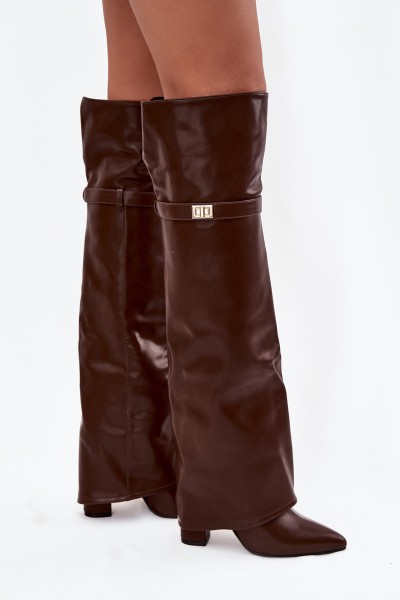 Insulated boots with turned-up shaft over the knee block heel brown Serelle 2