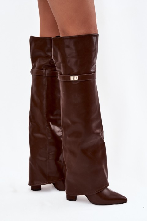 Insulated boots with turned-up shaft over the knee block heel brown Serelle