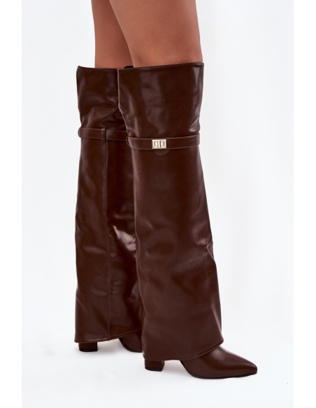 Insulated boots with turned-up shaft over the knee block heel brown Serelle