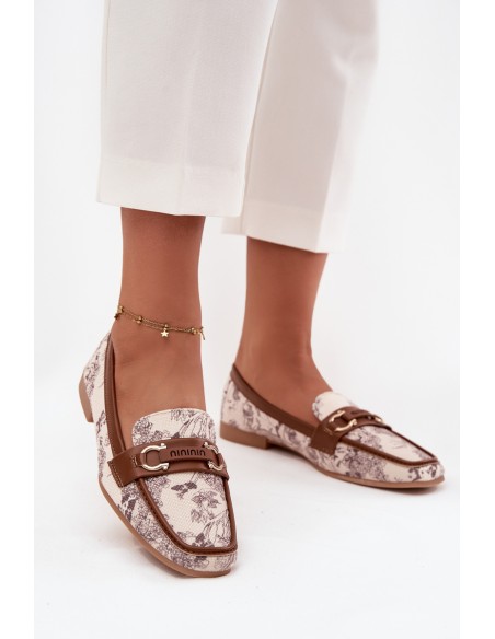 Patterned Loafers Women Shoes With Decorative Element Beige Brown Evelora