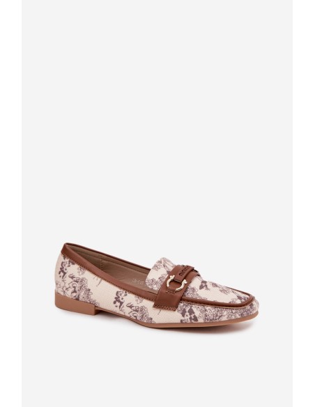 Patterned Loafers Women Shoes With Decorative Element Beige Brown Evelora