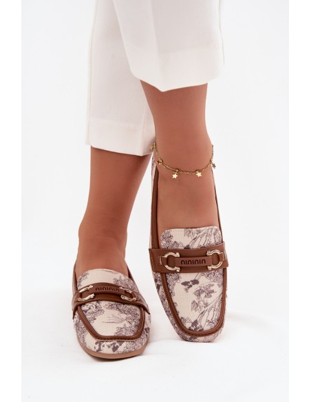Patterned Loafers Women Shoes With Decorative Element Beige Brown Evelora