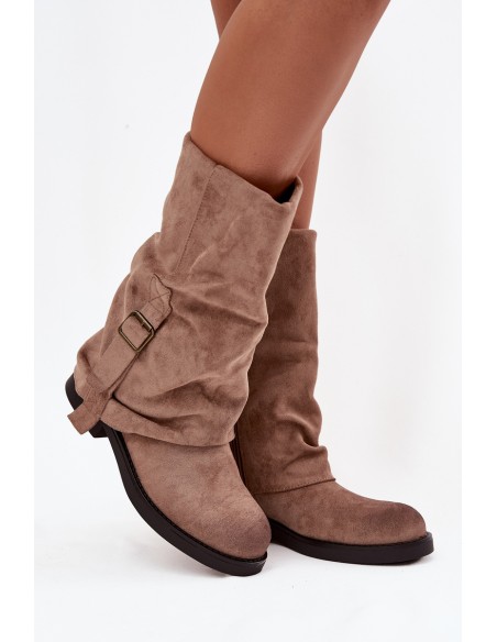 Women's Boots With Turned Cuff To Mid-Calf With Buckle Khaki Minelle