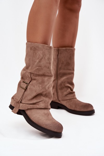 Women's Boots With Turned Cuff To Mid-Calf With Buckle Khaki Minelle 2