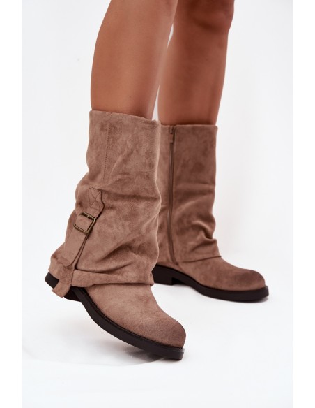 Women's Boots With Turned Cuff To Mid-Calf With Buckle Khaki Minelle