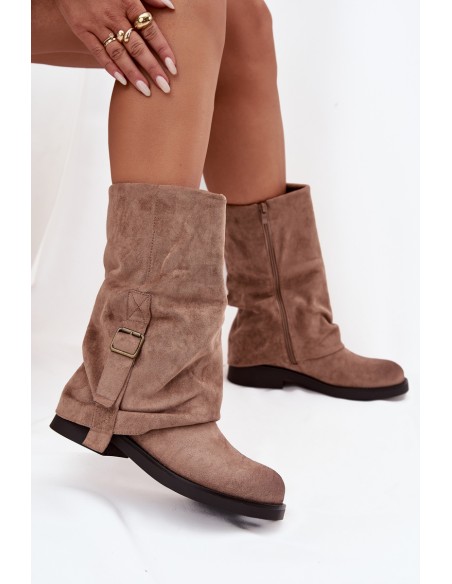Women's Boots With Turned Cuff To Mid-Calf With Buckle Khaki Minelle