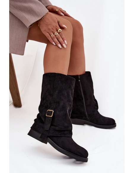 Women's Boots with Turned Cuff to Mid-Calf with Buckle Black Minelle
