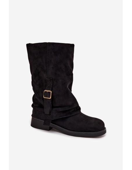 Women's Boots with Turned Cuff to Mid-Calf with Buckle Black Minelle
