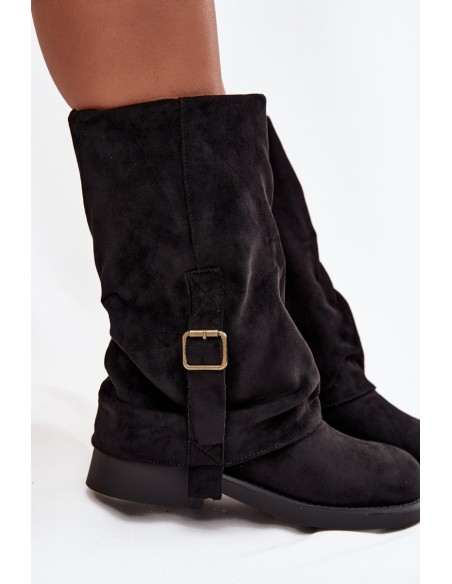 Women's Boots with Turned Cuff to Mid-Calf with Buckle Black Minelle