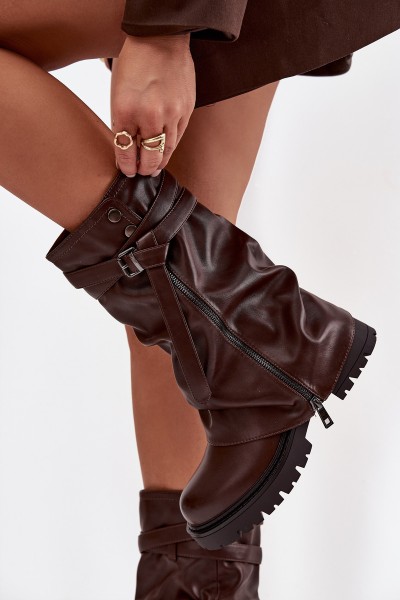 Women's Boots With Turned Top To Mid-Calf With Strap Chocolate Darisa