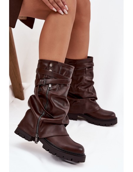 Women's Boots With Turned Top To Mid-Calf With Strap Chocolate Darisa