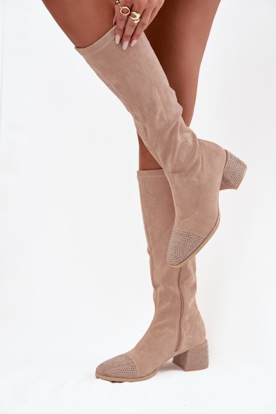 Women's Boots with Embellishment on Block Eco Suede Beige Ivanna