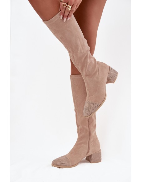Women's Boots with Embellishment on Block Eco Suede Beige Ivanna
