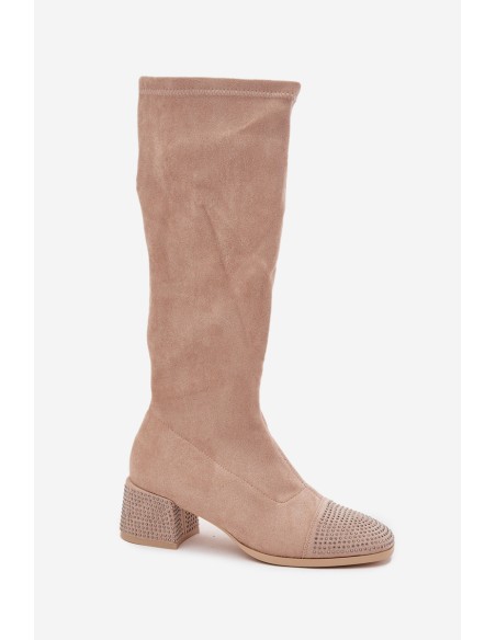 Women's Boots with Embellishment on Block Eco Suede Beige Ivanna