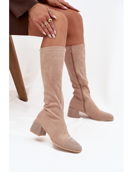 Women's Boots with Embellishment on Block Eco Suede Beige Ivanna