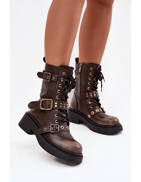 Insulated womens work boots with buckles brown Marisse