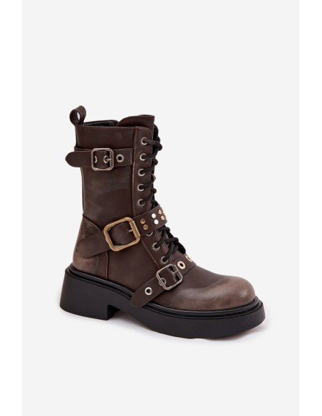 Insulated womens work boots with buckles brown Marisse