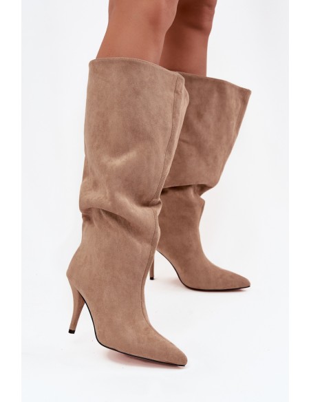 Slip-on women's boots with heel made of eco suede beige Noretta