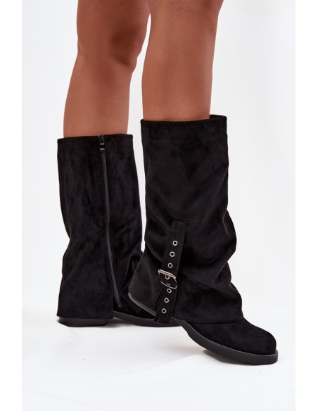 Women's Boots With Wrinkled Shaft And Buckle Black Ophelis