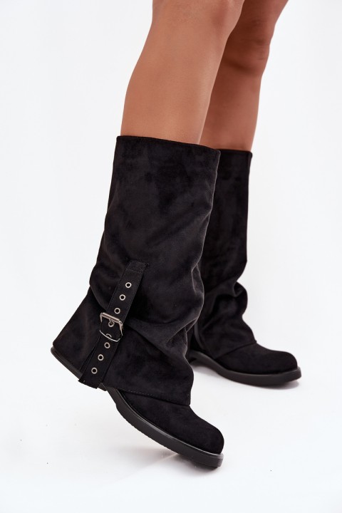 Women's Boots With Wrinkled Shaft And Buckle Black Ophelis